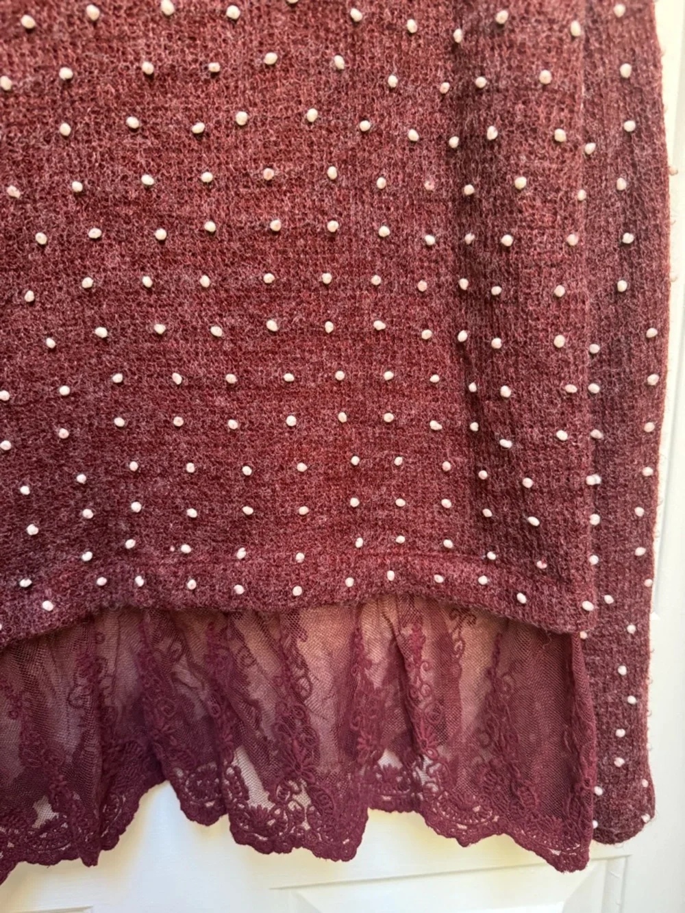 Altar'd State Lace Hem Polka Dot Embellished L/Sleeve Burgundy Red Sweater Large